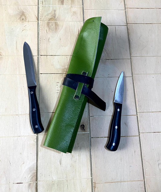 3 Slots Knife Roll, Handcrafted bag, Cow Genuine Leather Knives Roll, Tools Holder Chefs Gift Kitchen Supply Green Black Size-22cmX32cm