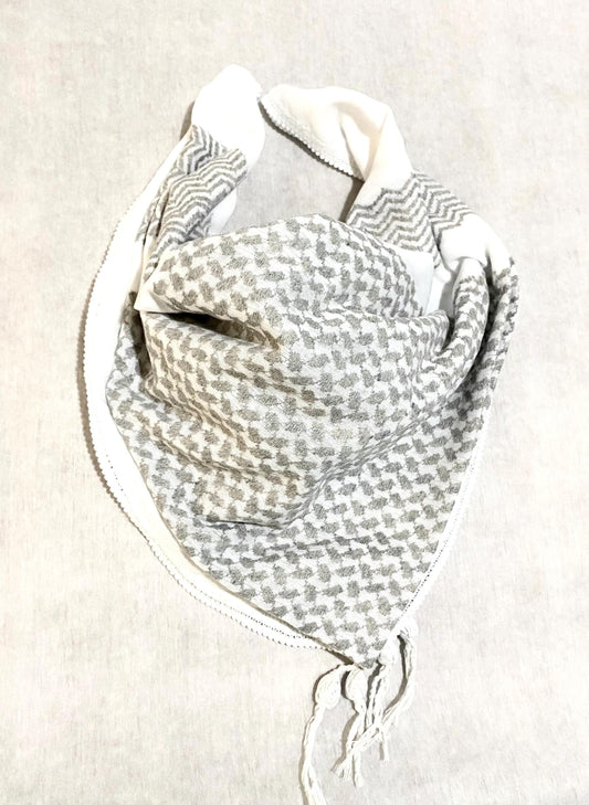 Silver Keffiyeh Scarf, Desert Bandana face Cover, Sahara Arabian Palestine Headwear, Vintage dress Hatta Shemagh Kuffyieh Mixed 2 Colours