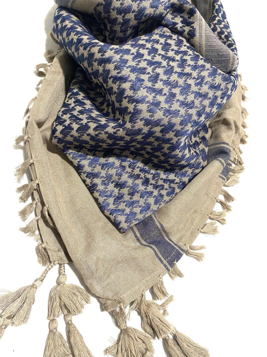 Navy Desert Scarf, Arab Bandana Kofya, OldStyle Vintage dress, Unique Sahara Hatta Shemagh Shawl HiQuality Keffyieh Mixed Colours Baige Tan