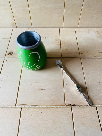 Mate Tea Silver Green cup, Unique Yerba Mate Cup +Straw, drinking places fountain, water carved, Filter Bombilla Straw handmade 50mL