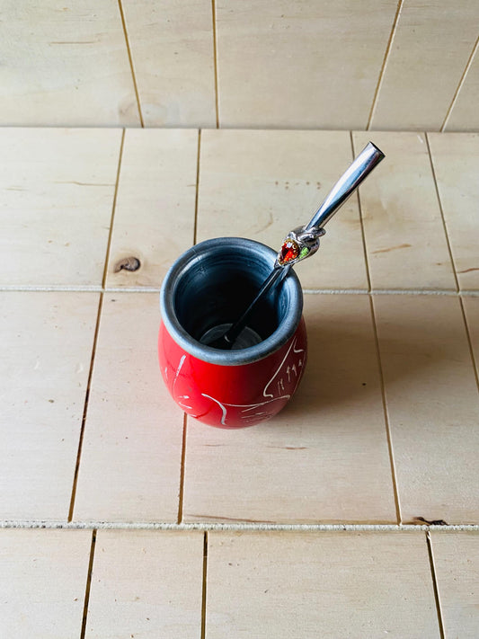 Mate Tea Silver Red cup, Unique Yerba Mate Cup +Straw, drinking places fountain, water carved Filter Bombilla Straw handmade 50mL