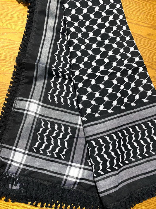 Unique Keffiyeh Scarf , Mult-use Cover, Headwear Vintage Dress Hatta Kofya Headwear Shemagh ,Unisex Face Mask Black Grey Mixed, White Thread