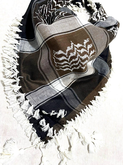 Unique Scarf, Arabian Sahara Bandana Kofya, India Style,Shwal Keffiyeh OldStyle Vintage dress, Hatta Headwear Mixed Brown Tan Black Colours