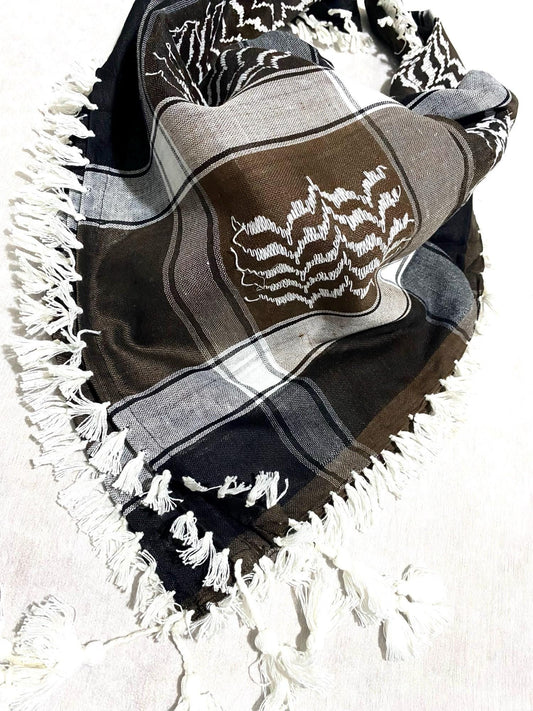 Unique Scarf, Arabian Sahara Bandana Kofya, India Style,Shwal Keffiyeh OldStyle Vintage dress, Hatta Headwear Mixed Brown Tan Black Colours