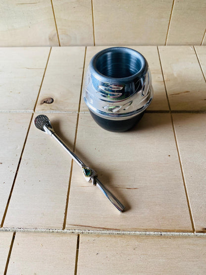 Mate Tea Silver Black cup, Unique Yerba Mate Cup +Straw, drinking places fountain, water carved Filter Bombilla Straw handmade 50mL