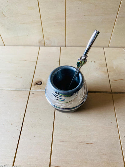 Mate Tea Silver Black cup, Unique Yerba Mate Cup +Straw, drinking places fountain, water carved Filter Bombilla Straw handmade 50mL