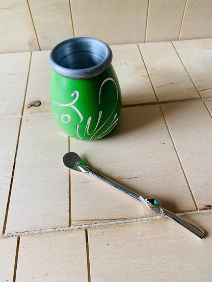 Mate Tea Silver Green cup, Unique Yerba Mate Cup +Straw, drinking places fountain, water carved, Filter Bombilla Straw handmade 50mL