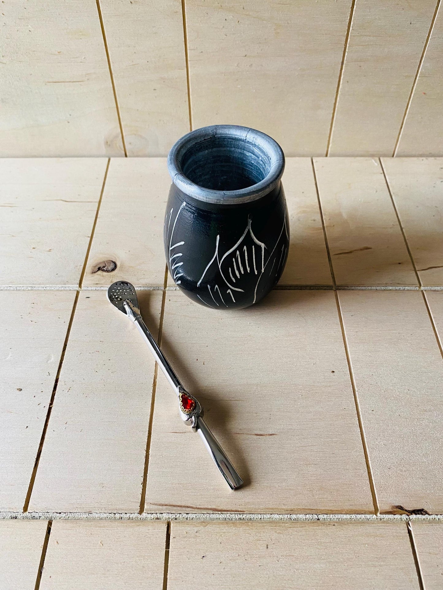 Mate Tea Silver Black cup, Unique Yerba Mate Cup +Straw, drinking places fountain, water, Filter Bombilla Straw handmade 50mL
