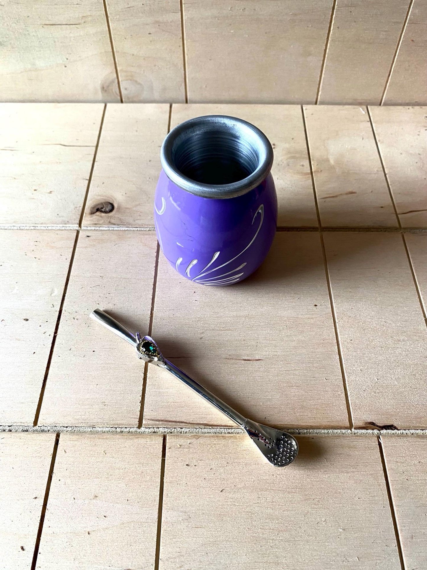 Mate Tea Silver Purple cup, Unique Yerba Mate Cup +Straw, drinking places fountain, water carved Filter Bombilla Straw handmade 50mL