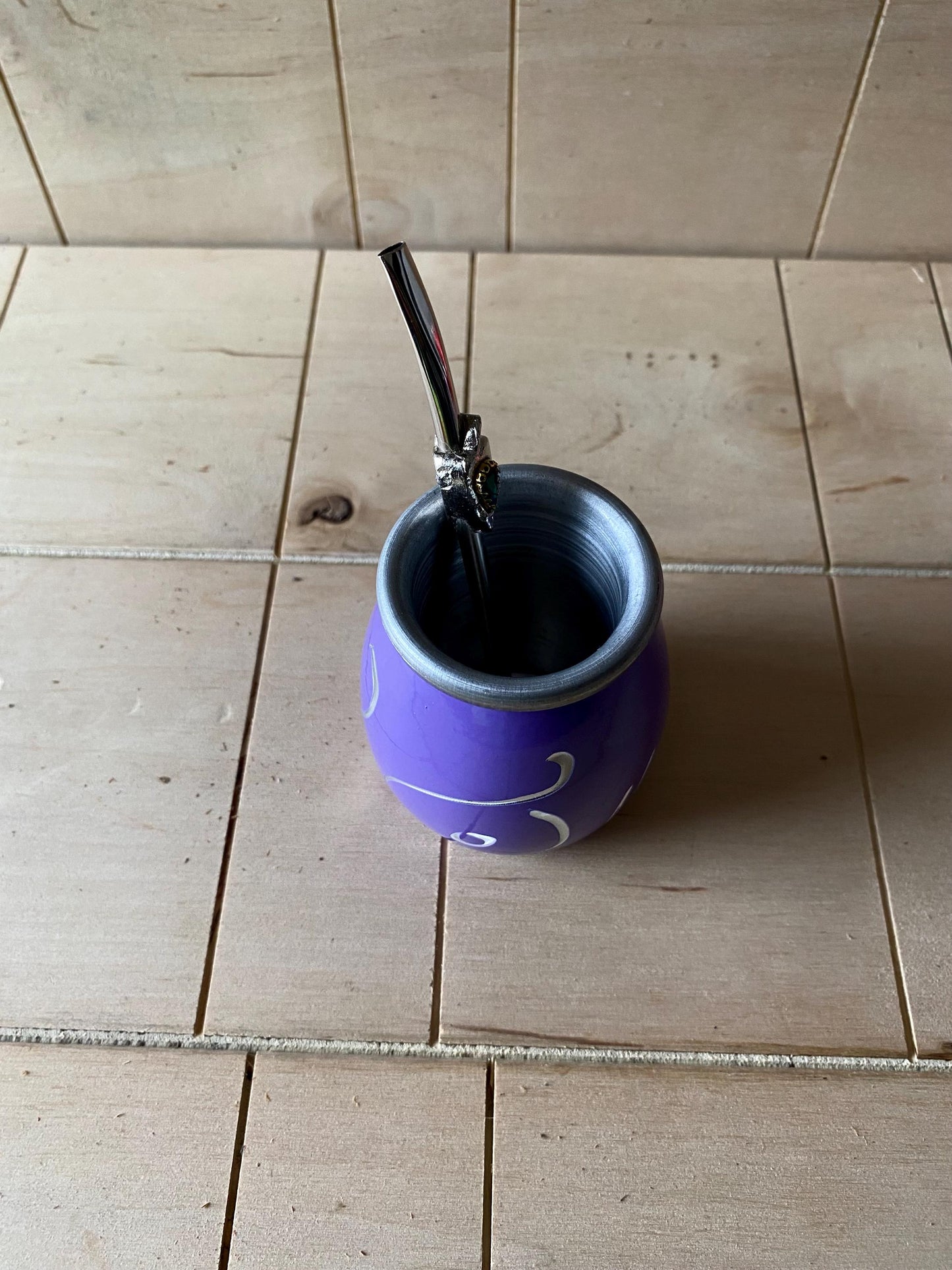 Mate Tea Silver Purple cup, Unique Yerba Mate Cup +Straw, drinking places fountain, water carved Filter Bombilla Straw handmade 50mL