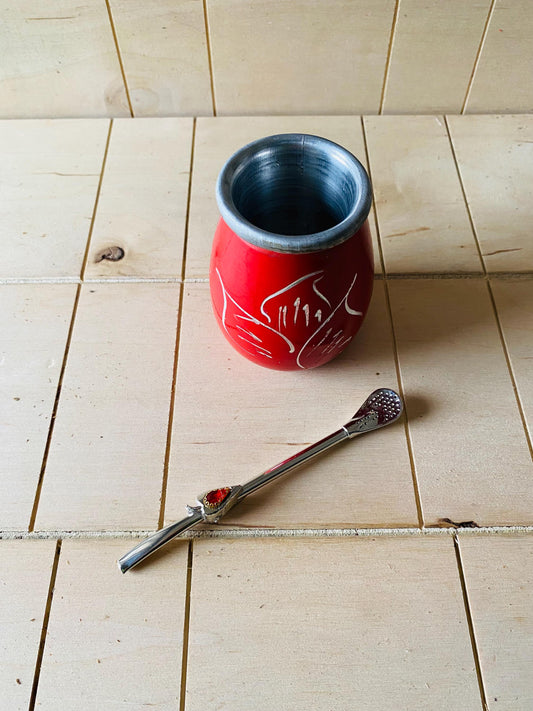 Mate Tea Silver Red cup, Unique Yerba Mate Cup +Straw, drinking places fountain, water carved Filter Bombilla Straw handmade 50mL