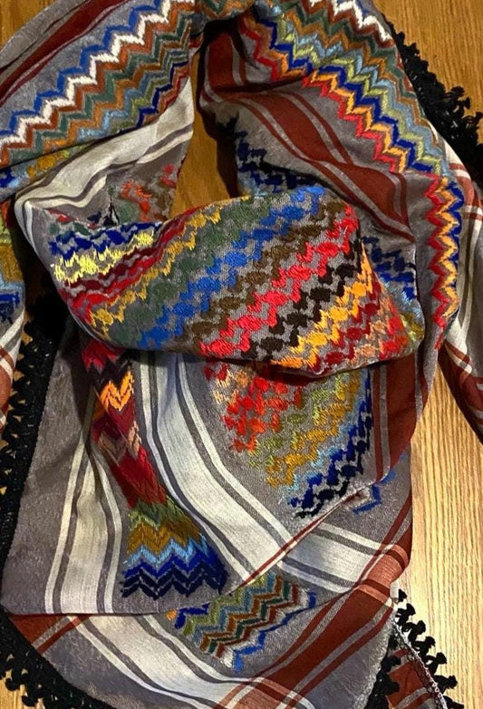 Grey Rainbow Sahara Unique Scarf, Palestine Desert Bandana, Arab OldStyle headwear Vintage dress, Shawl Hatta Shemagh Keffiyeh