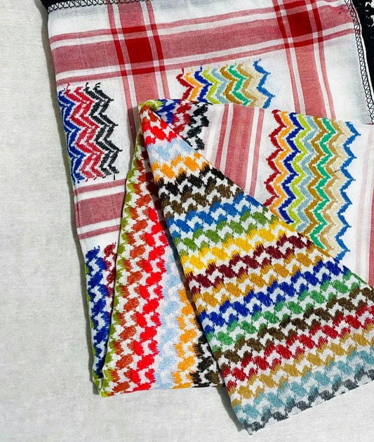Keffiyeh Palestine Rainbow White Scarf, Unique Arab Desert Bandana face Cover, Headwear Head wrap Mask, Vintage dress Hatta, Black Tassels