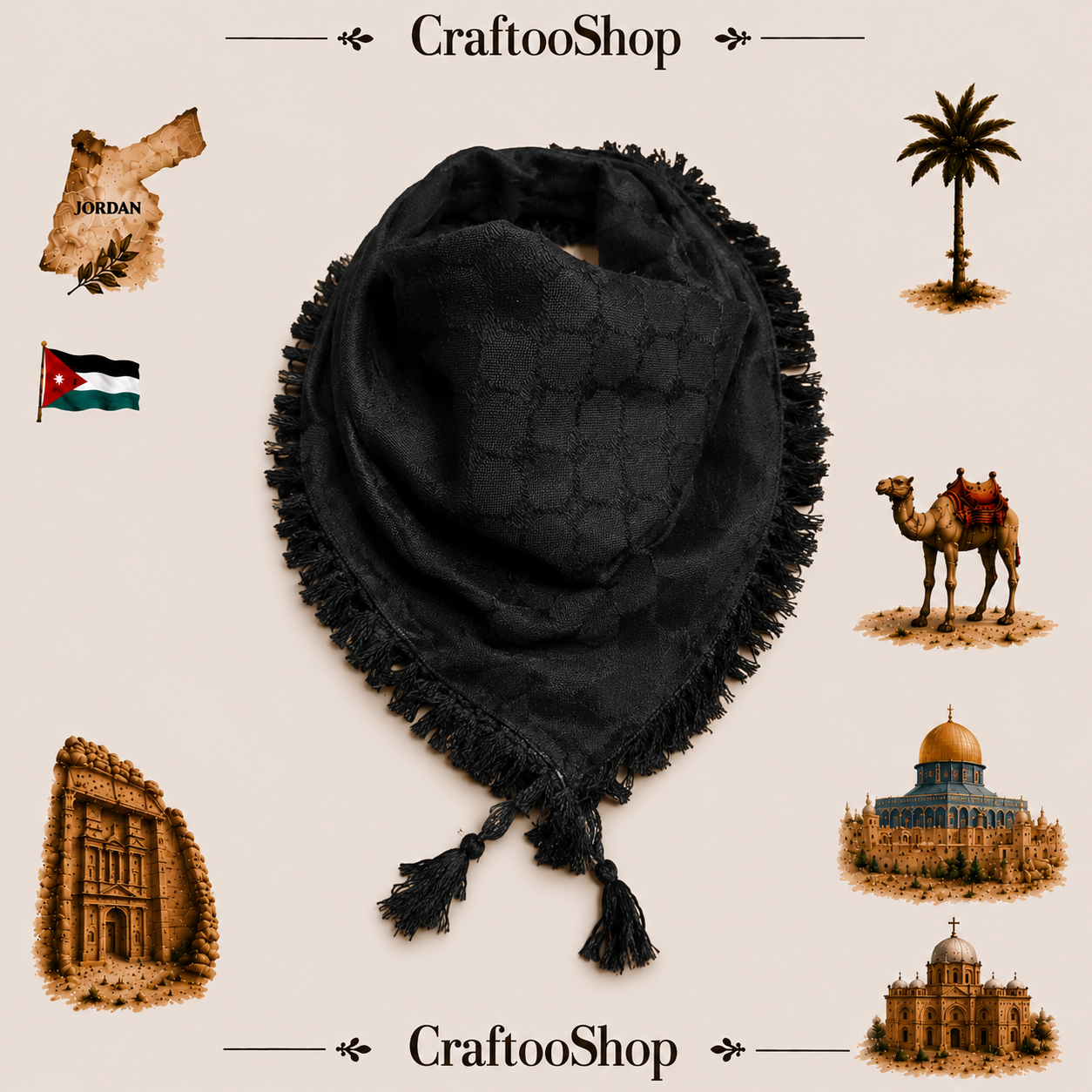 Black Keffyeih Palestine Scarf, Unique Arab Scarf face Cover, Headwear, Vintage Dress Hatta Shemagh Kuffyieh Unisex Face Mask Woven Stitched