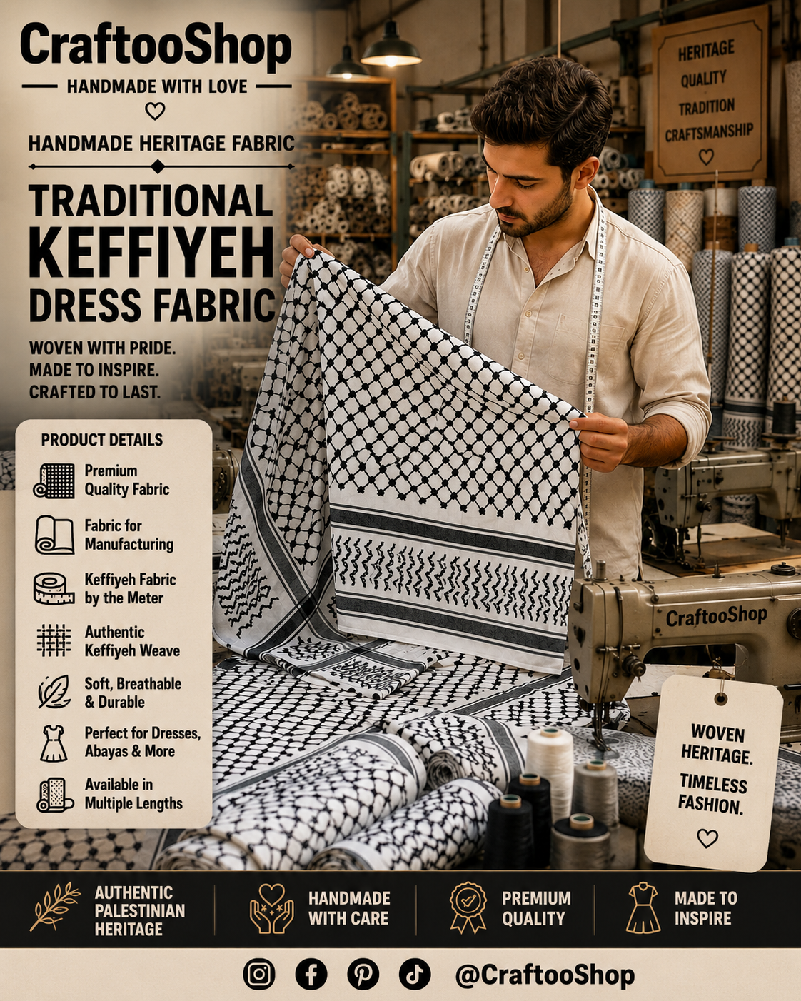 kufiyah Fabric By Yard , Kofya Keffiyeh, Crafts Use Supporter, Blanket Fabric, Clothing Designers Supply, Arab Authentic Palestine Original Woven Stitched