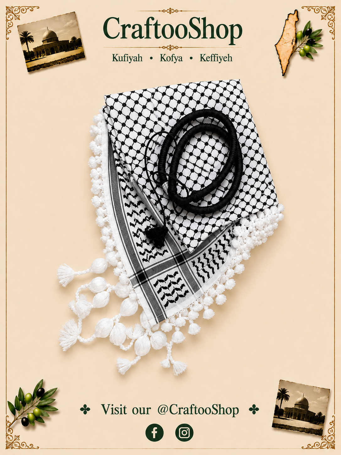 keffiyeh Malaki Palestine Scarf, Woven Stitched Royal HiQuality Unisex Face Mask, Kuffyieh Unique Arab Arafat Hatta Headwear Vintage Dress with Igal