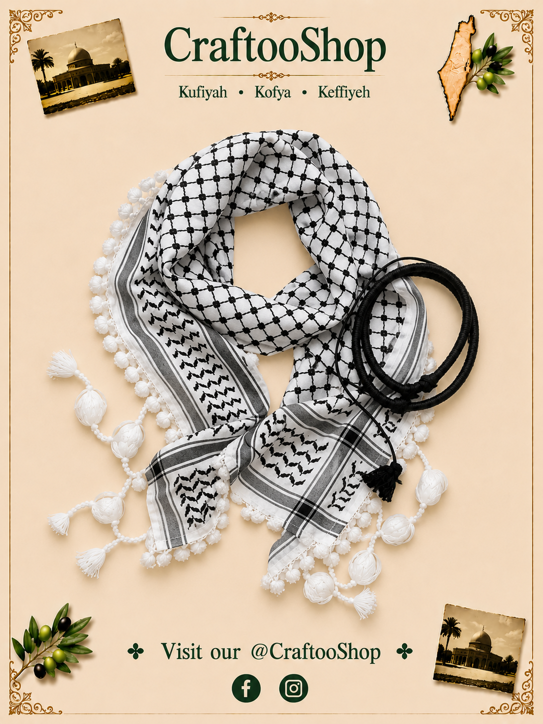 keffiyeh Malaki Palestine Scarf, Woven Stitched Royal HiQuality Unisex Face Mask, Kuffyieh Unique Arab Arafat Hatta Headwear Vintage Dress with Igal