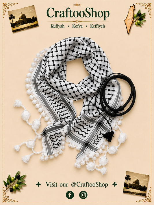 keffiyeh Malaki Palestine Scarf, Woven Stitched Royal HiQuality Unisex Face Mask, Kuffyieh Unique Arab Arafat Hatta Headwear Vintage Dress with Igal