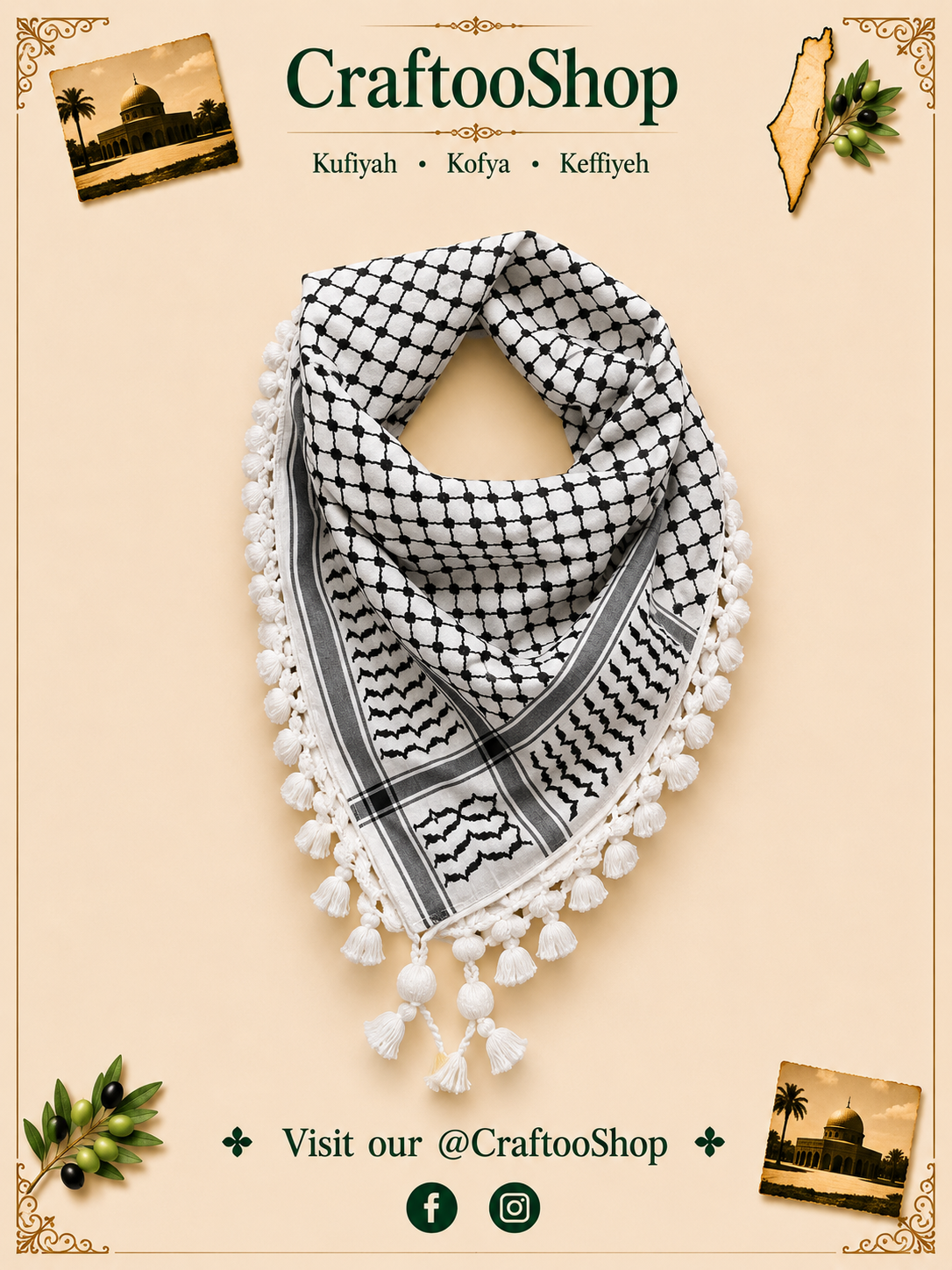 keffiyeh Malaki Palestine Scarf, Woven Stitched Royal HiQuality Unisex Face Mask, Kuffyieh Unique Arab Arafat Hatta Headwear Vintage Dress with Igal
