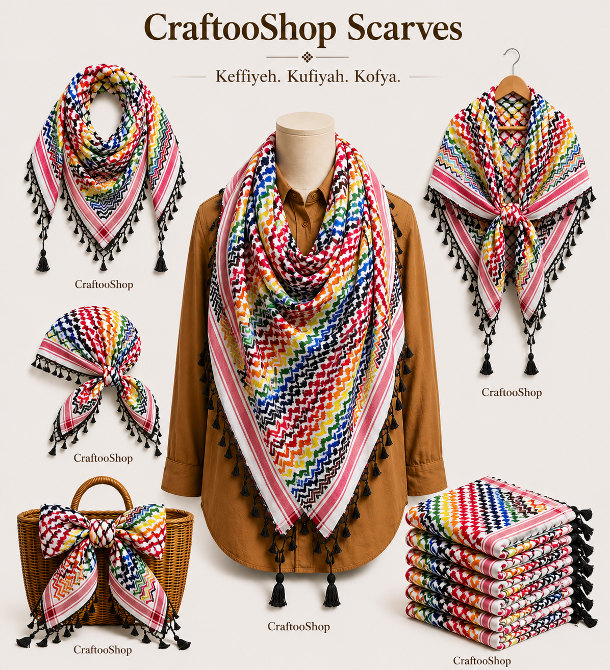 Mixed Rainbow Keffiyeh, Unique Sahara Arab Scarf, Bandana faceCover, Palestine Headwear Windproof Vintage dress Hatta Shemagh Cocktail