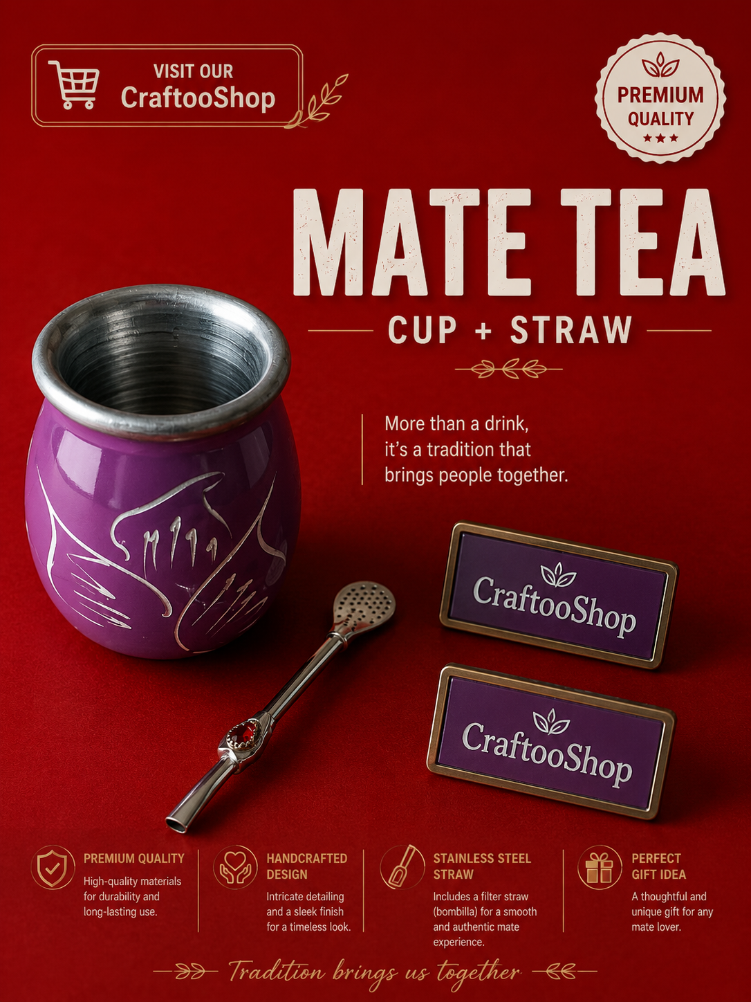 Mate Tea Silver Purple cup, Unique Yerba Mate Cup +Straw, drinking places fountain, water carved Filter Bombilla Straw handmade 50mL