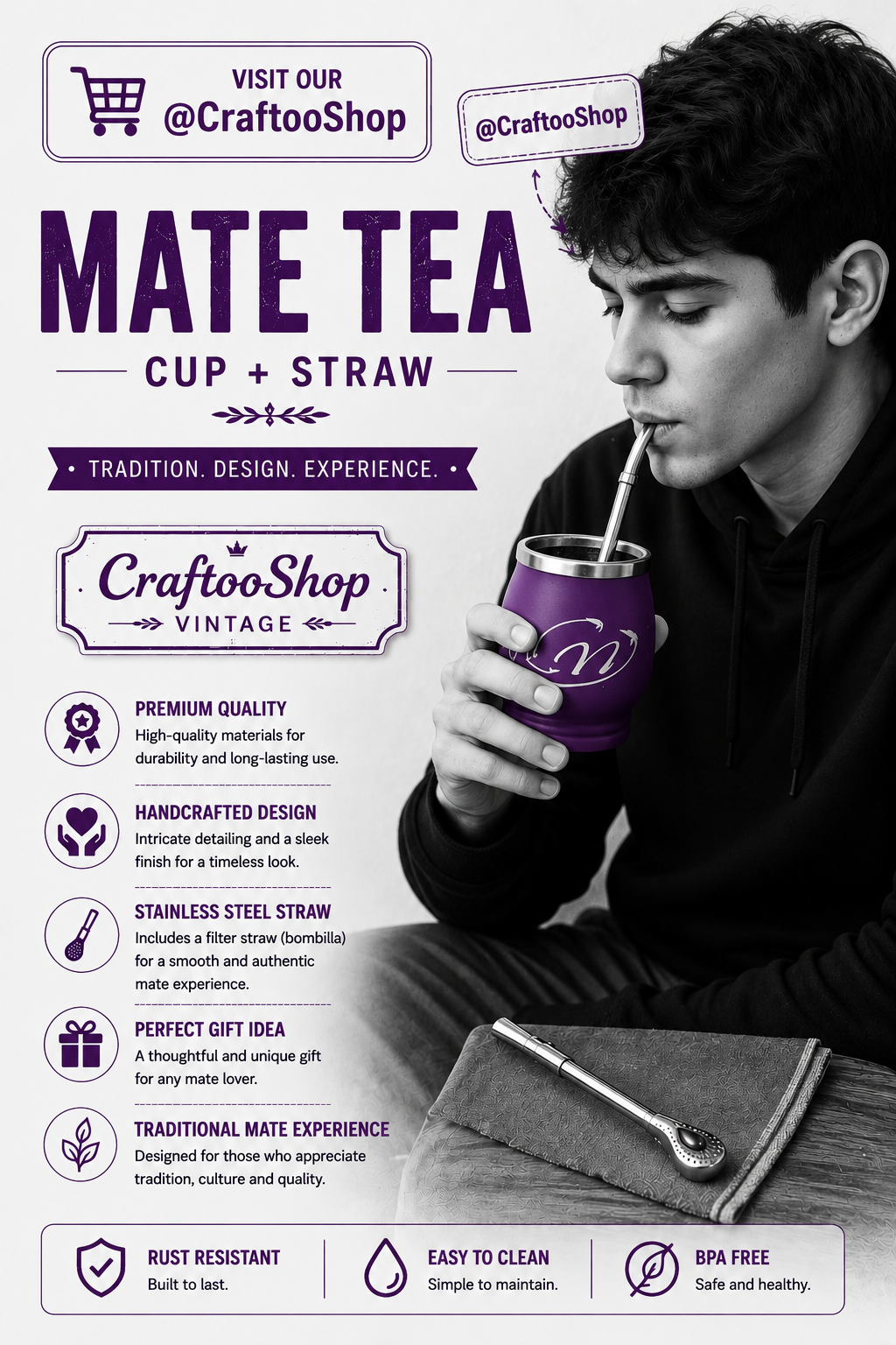 Mate Tea Silver Purple cup, Unique Yerba Mate Cup +Straw, drinking places fountain, water carved Filter Bombilla Straw handmade 50mL