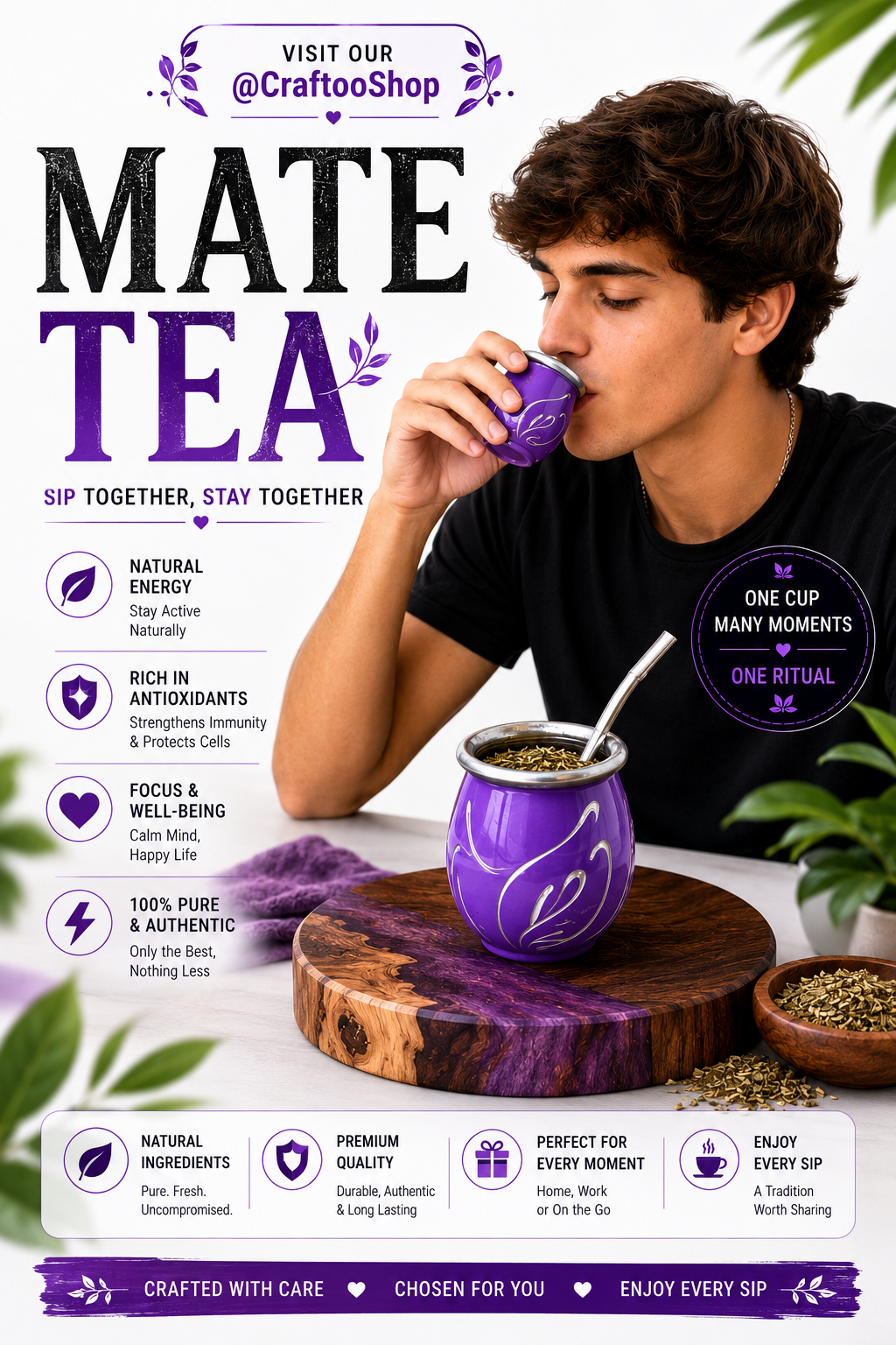 Mate Tea Silver Purple cup, Unique Yerba Mate Cup +Straw, drinking places fountain, water carved Filter Bombilla Straw handmade 50mL