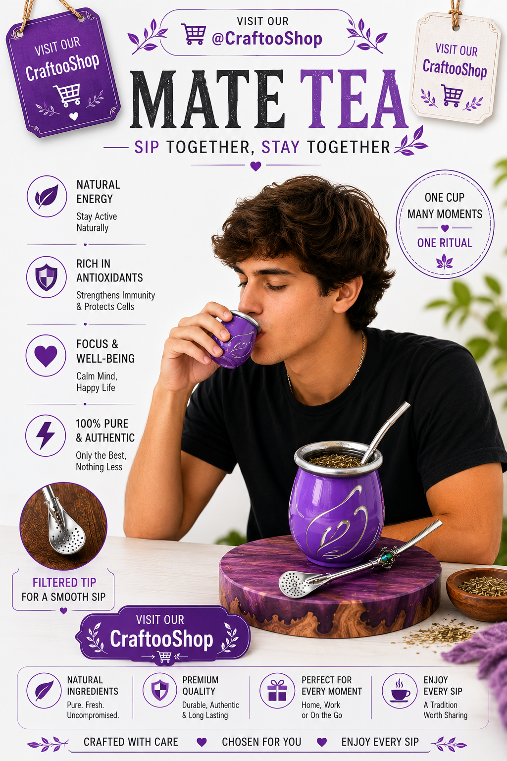 Mate Tea Silver Purple cup, Unique Yerba Mate Cup +Straw, drinking places fountain, water carved Filter Bombilla Straw handmade 50mL