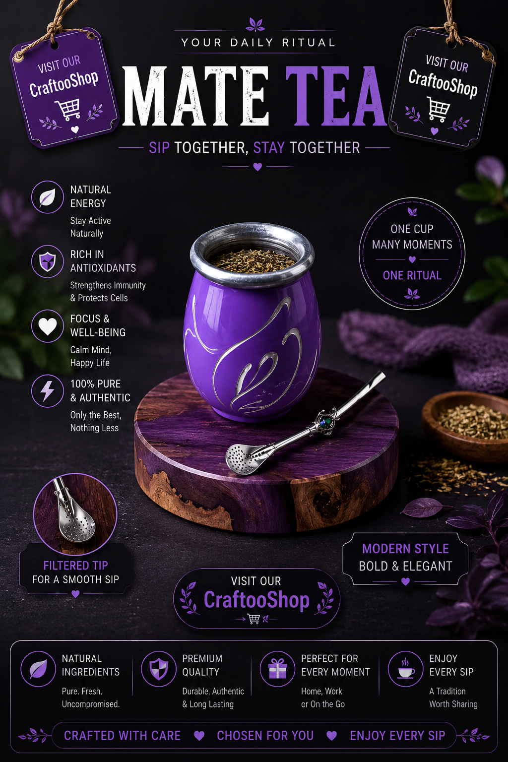 Mate Tea Silver Purple cup, Unique Yerba Mate Cup +Straw, drinking places fountain, water carved Filter Bombilla Straw handmade 50mL