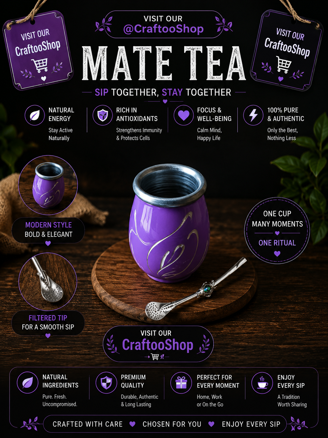 Mate Tea Silver Purple cup, Unique Yerba Mate Cup +Straw, drinking places fountain, water carved Filter Bombilla Straw handmade 50mL