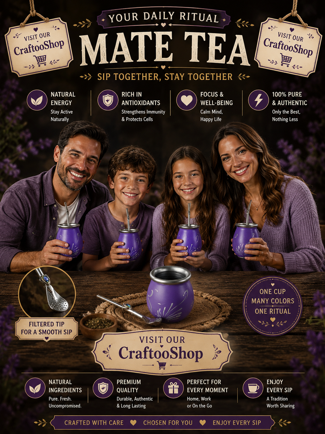 Mate Tea Silver Purple cup, Unique Yerba Mate Cup +Straw, drinking places fountain, water carved Filter Bombilla Straw handmade 50mL