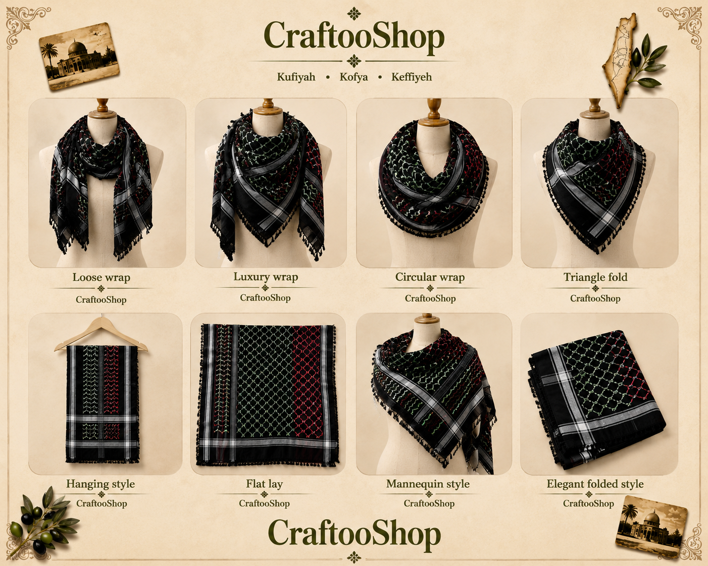 Palestine Flag Scarf, 4 mixed colors, Keffyeih Hi-Quality, Arab Hatta Scarf, Bandana Kofya Kuffyieh, BlackTassels Woven Stitched NOT Printed