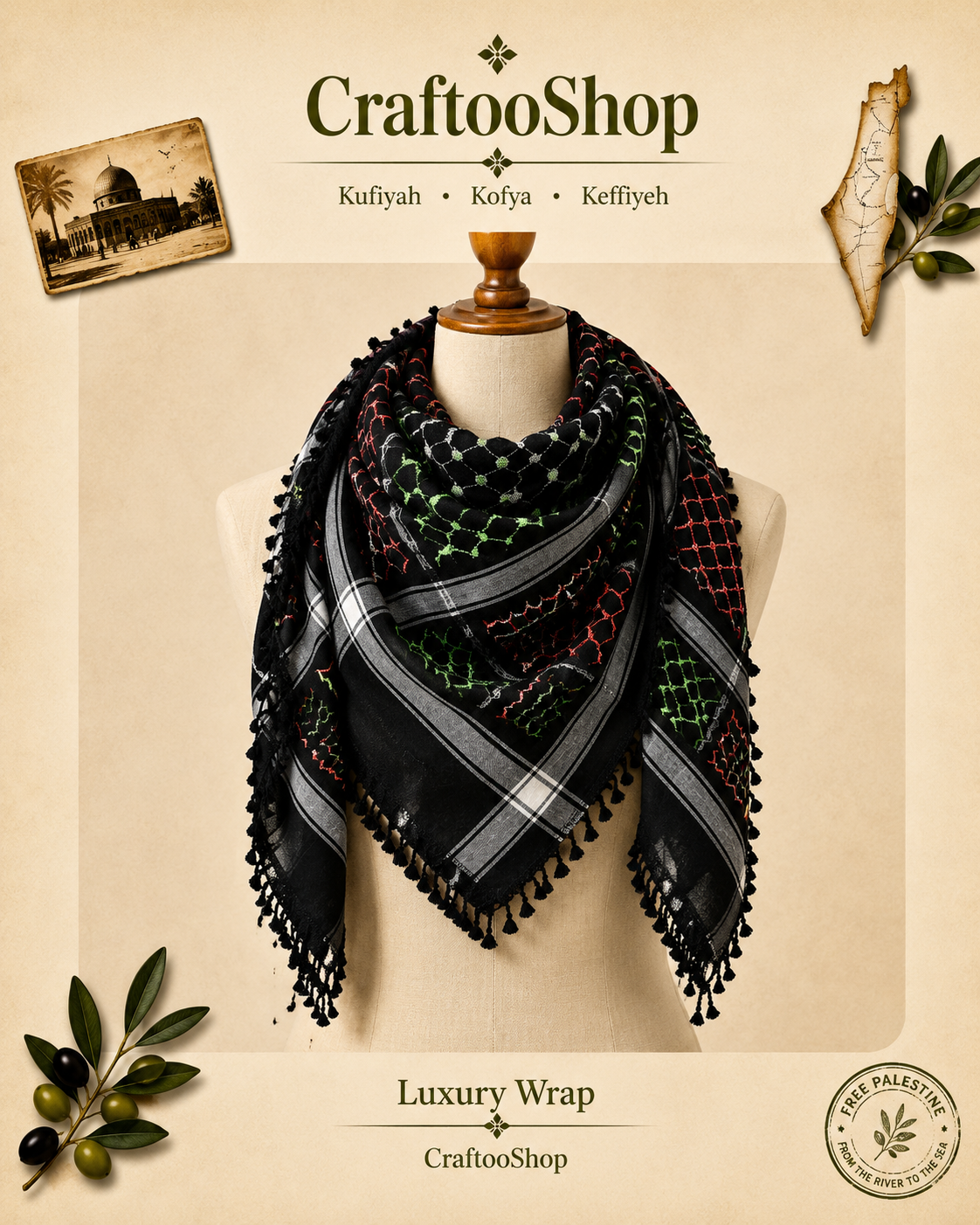 Palestine Flag Scarf, 4 mixed colors, Keffyeih Hi-Quality, Arab Hatta Scarf, Bandana Kofya Kuffyieh, BlackTassels Woven Stitched NOT Printed