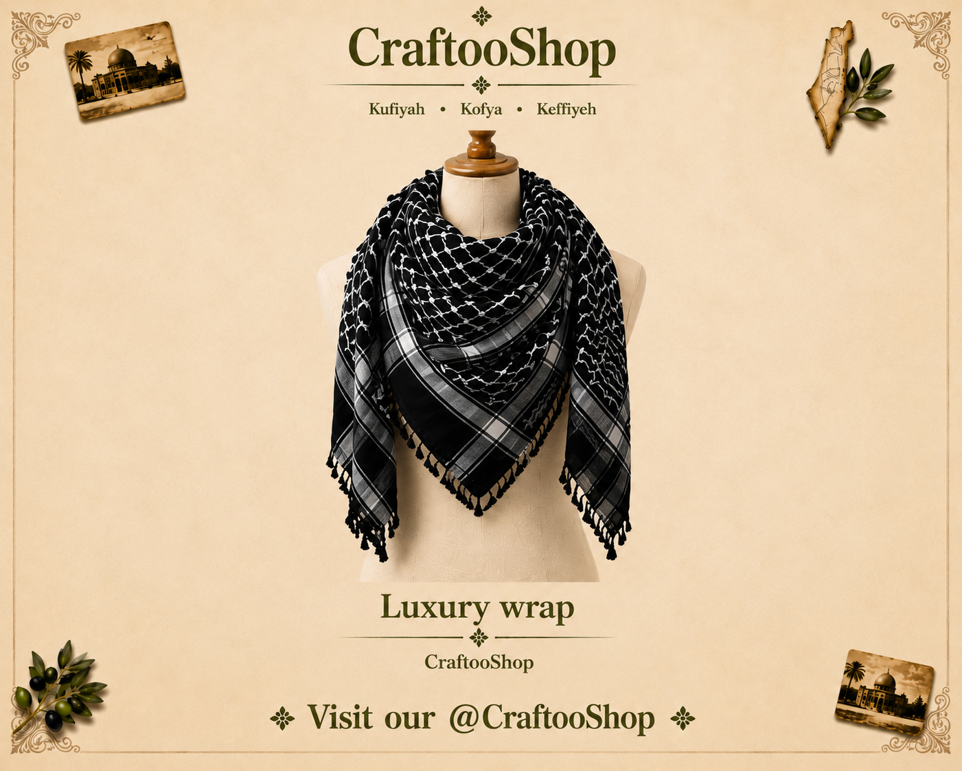 Unique Keffiyeh Scarf , Mult-use Cover, Headwear Vintage Dress Hatta Kofya Headwear Shemagh ,Unisex Face Mask Black Grey Mixed, White Thread