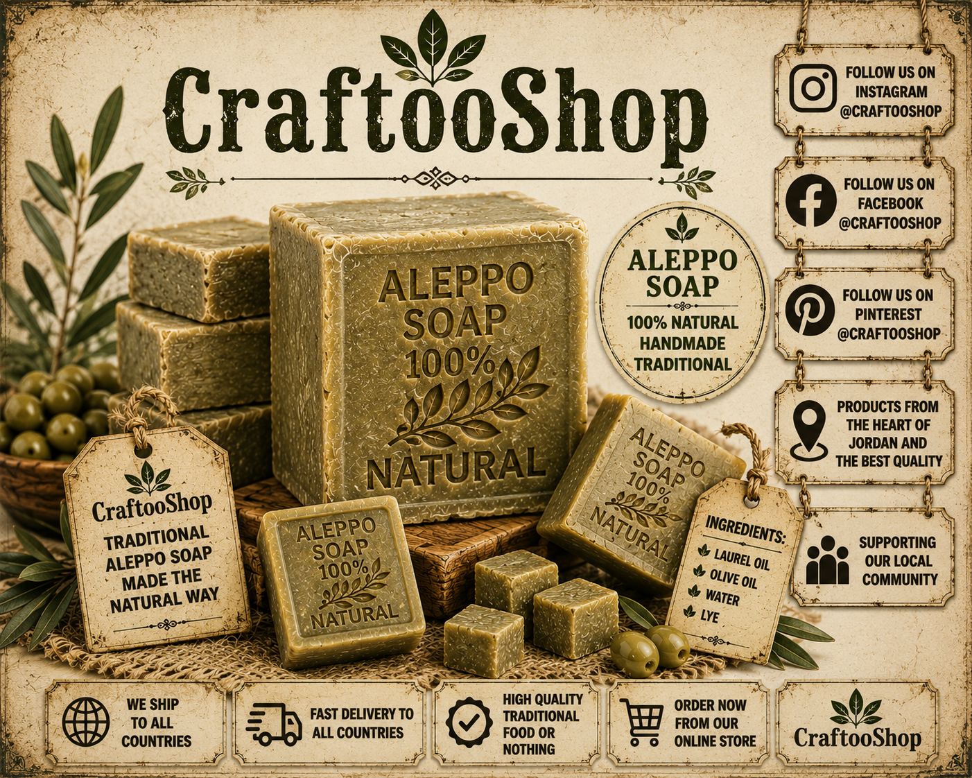 Aleppo Natural Soap, Laurel Pure Organic Healthy, Vintage Cosmetic Soap, Handmade Middle Eastern Arab Vintage Style, For all skin