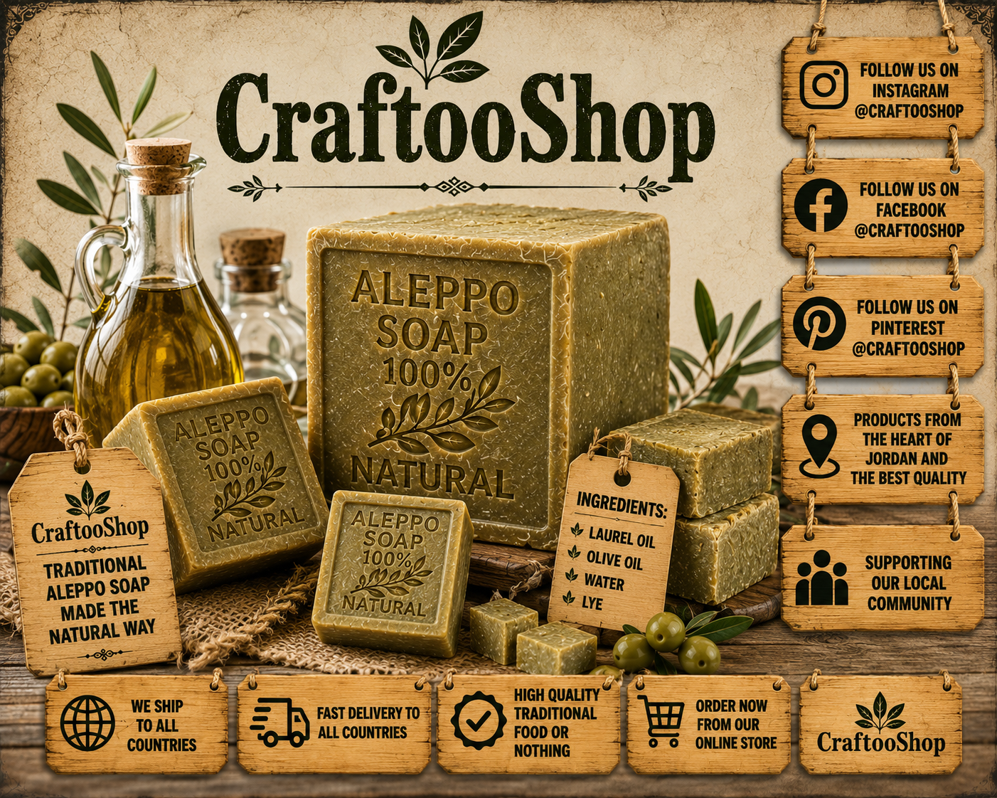 Aleppo Natural Soap, Laurel Pure Organic Healthy, Vintage Cosmetic Soap, Handmade Middle Eastern Arab Vintage Style, For all skin