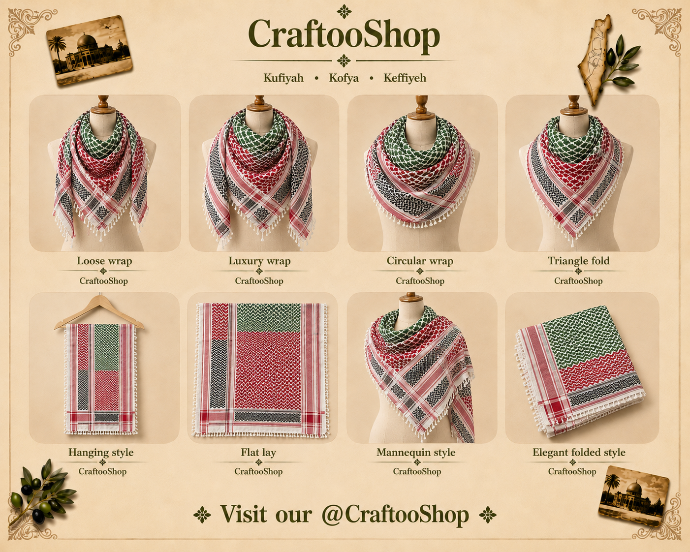 Kuffiyeh Palestine Flag Scarf, Unique Keffiyeh Hatta Shemagh Shawl HiQuality Mixed 4 Colours, Desert Bandana Kofya OldStyle Vintage dress