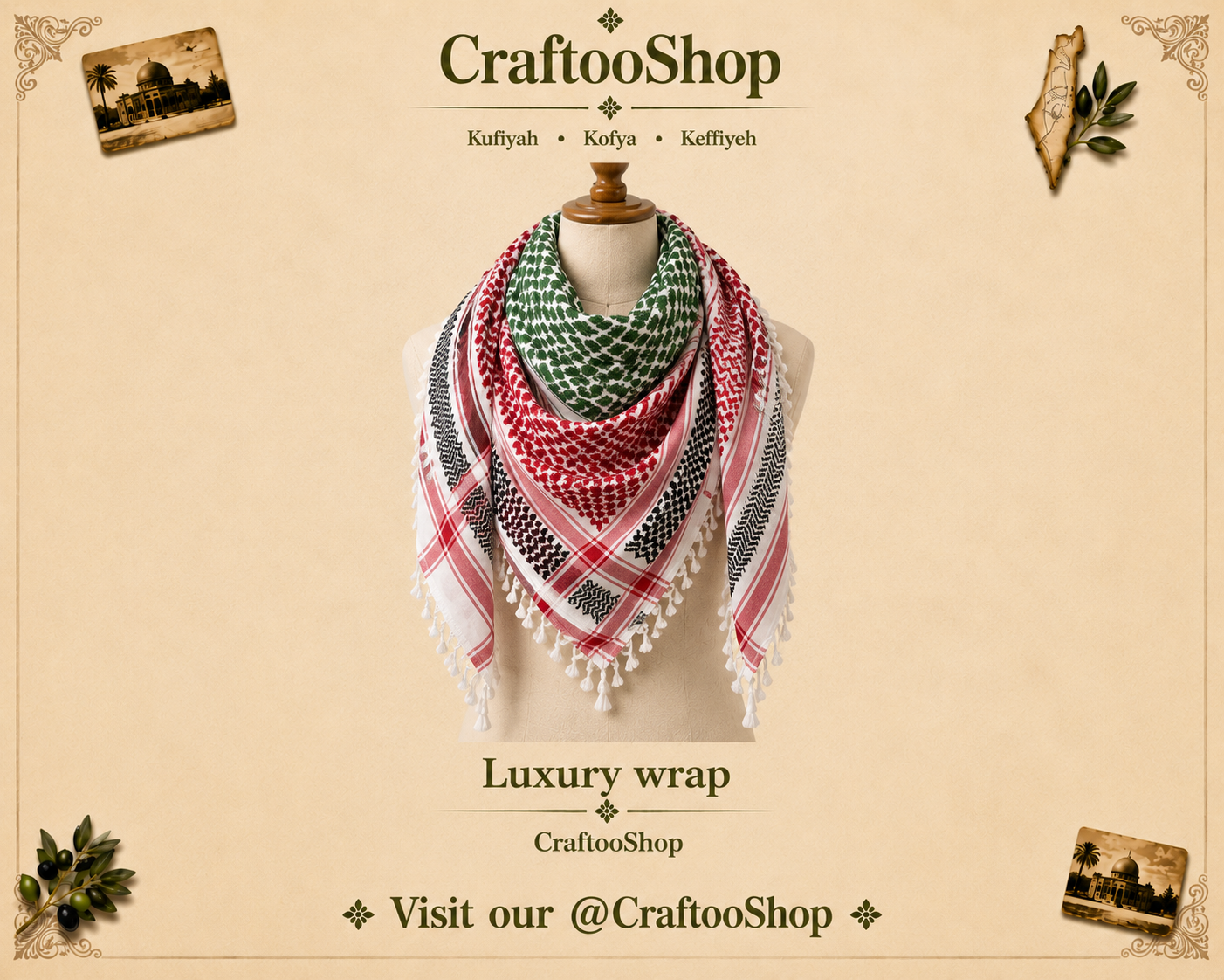 Kuffiyeh Palestine Flag Scarf, Unique Keffiyeh Hatta Shemagh Shawl HiQuality Mixed 4 Colours, Desert Bandana Kofya OldStyle Vintage dress