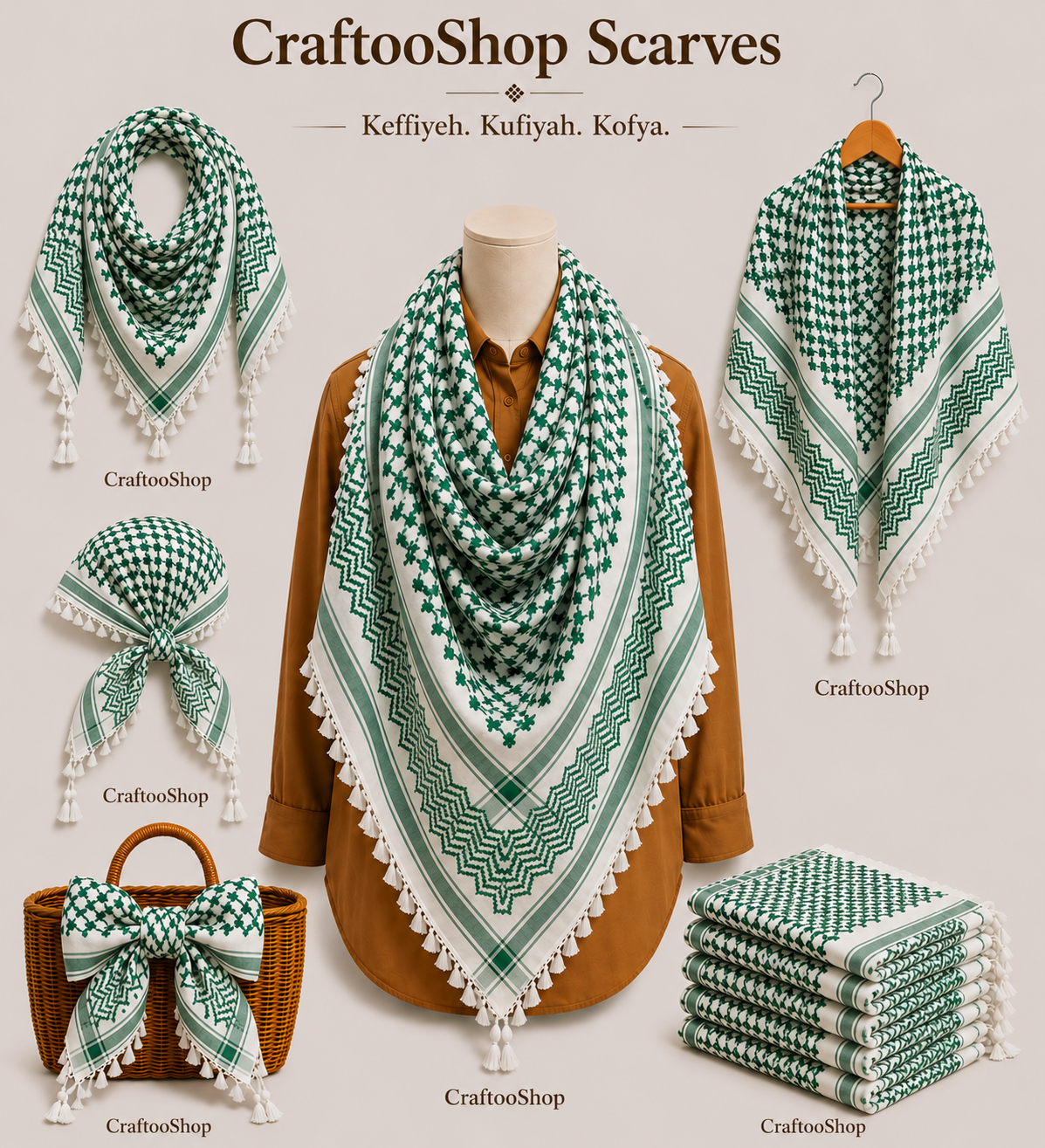 Palestine Original Keffyieh, Unique Irish Arab Scarf Shemagh, face Cover Headwear Windproof  Mask Vintage dress Hatta GREEN WHITE No Tassels