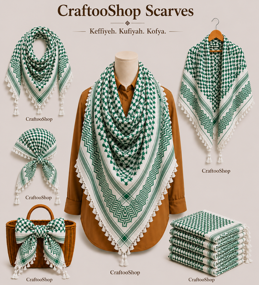 Palestine Original Keffyieh, Unique Irish Arab Scarf Shemagh, face Cover Headwear Windproof  Mask Vintage dress Hatta GREEN WHITE No Tassels