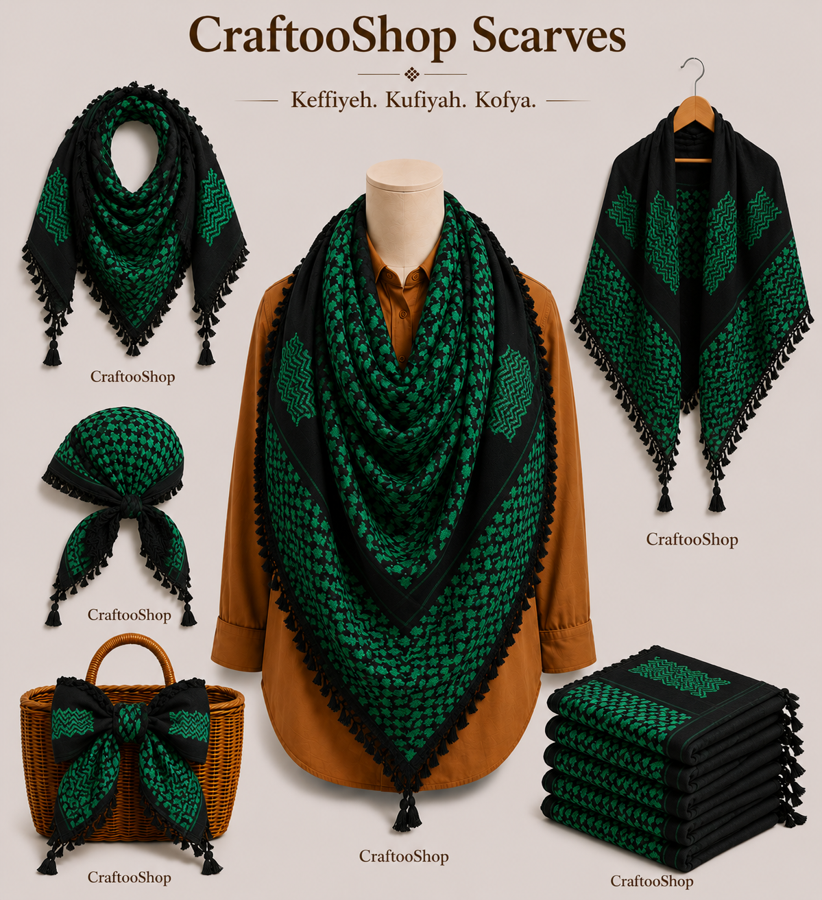 Unique Green Scarf, Arabian Sahara Bandana Kofya, India Style,Shwal Keffiyeh OldStyle Vintage dress, Hatta Shemagh Headwear mixed Black