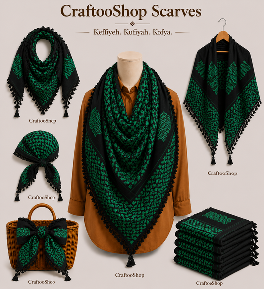 Unique Green Scarf, Arabian Sahara Bandana Kofya, India Style,Shwal Keffiyeh OldStyle Vintage dress, Hatta Shemagh Headwear mixed Black