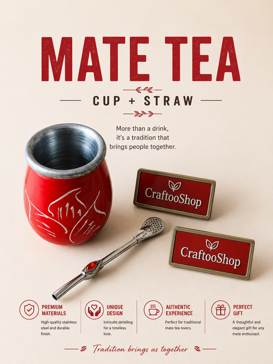 Mate Tea Silver Red cup, Unique Yerba Mate Cup +Straw, drinking places fountain, water carved Filter Bombilla Straw handmade 50mL