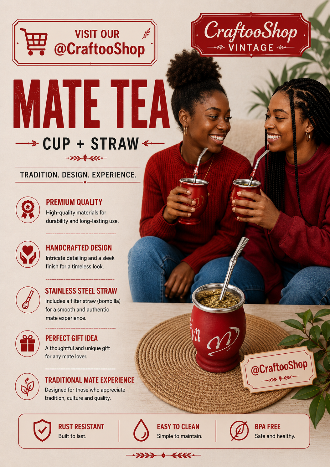 Mate Tea Silver Red cup, Unique Yerba Mate Cup +Straw, drinking places fountain, water carved Filter Bombilla Straw handmade 50mL