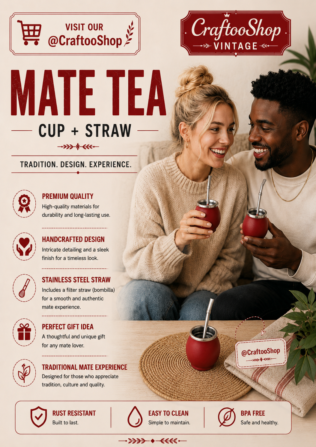Mate Tea Silver Red cup, Unique Yerba Mate Cup +Straw, drinking places fountain, water carved Filter Bombilla Straw handmade 50mL