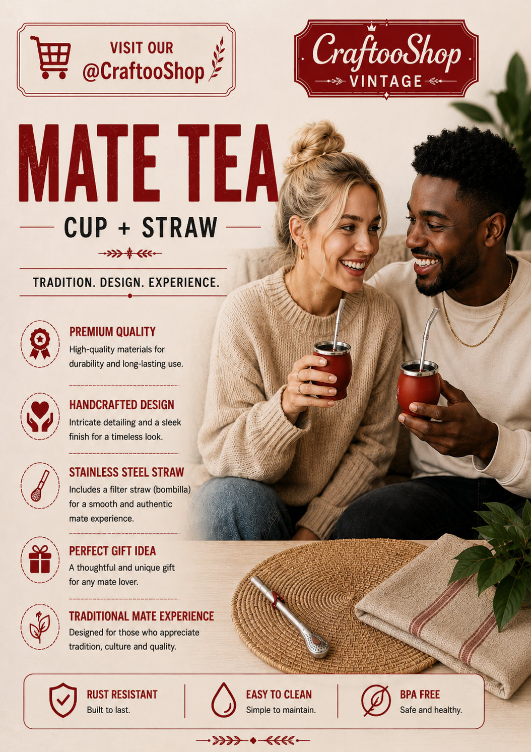 Mate Tea Silver Red cup, Unique Yerba Mate Cup +Straw, drinking places fountain, water carved Filter Bombilla Straw handmade 50mL