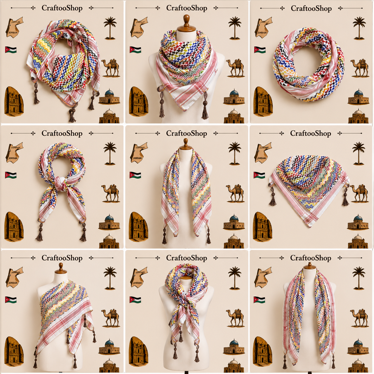 Rainbow Unique Keffiyeh Shemagh, Arab Scarf, Vintage Dress Hatta Bandana Kofya Handmade Rainbow Cocktail Colours, Woven Stitch Not Printed