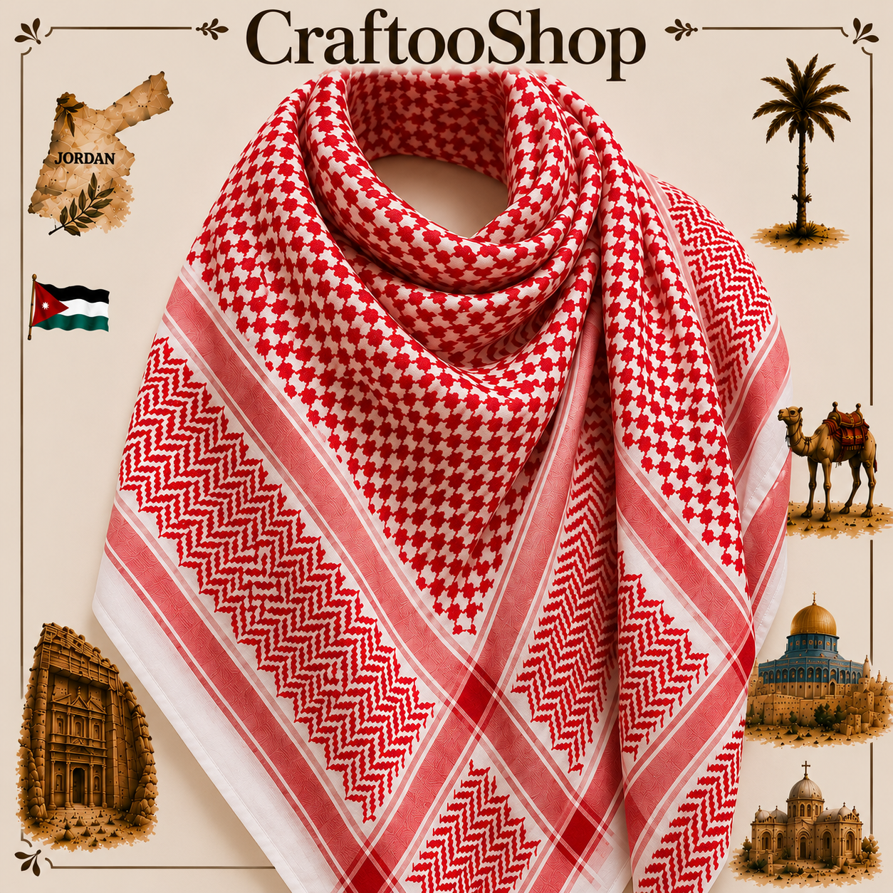 2x Pieces Red Shemagh Kuffyieh Arab Scarf, Vintage Dress, Unique Woven Stitched, Hatta Kofya HandCrafted Scarves Traditional Style Unisex FaceMask, No tassels