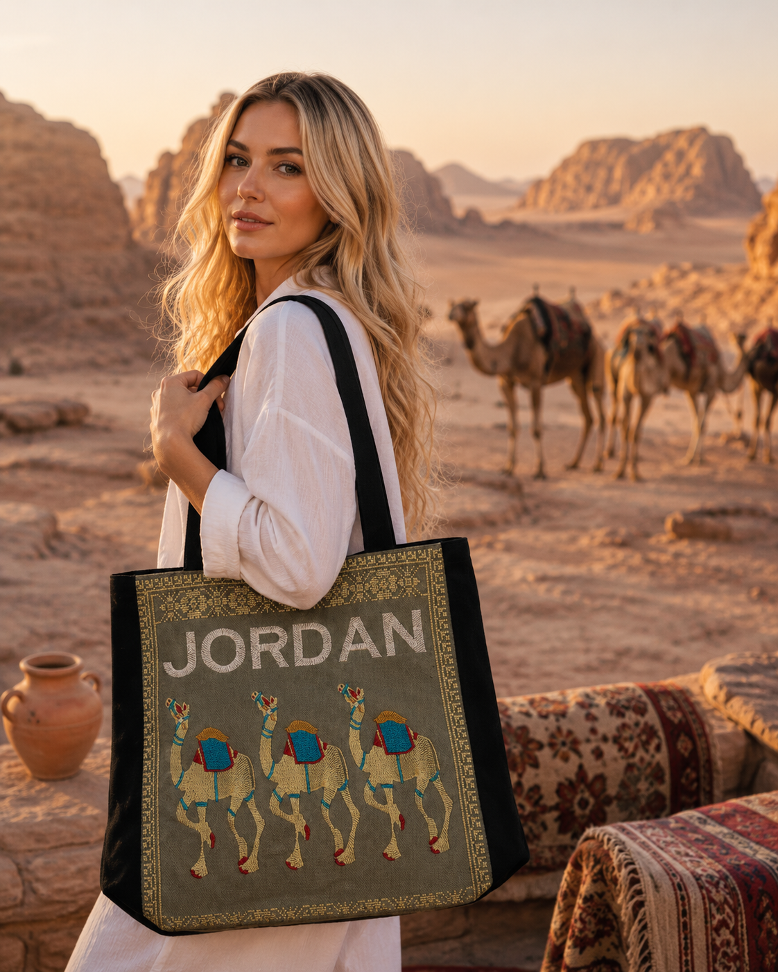 Camel Jordan Desert Tote Bag, Embroidery Tatreez Shoulder Bag, Vintage Unique Handmade Heavy Work multi-function Zipper