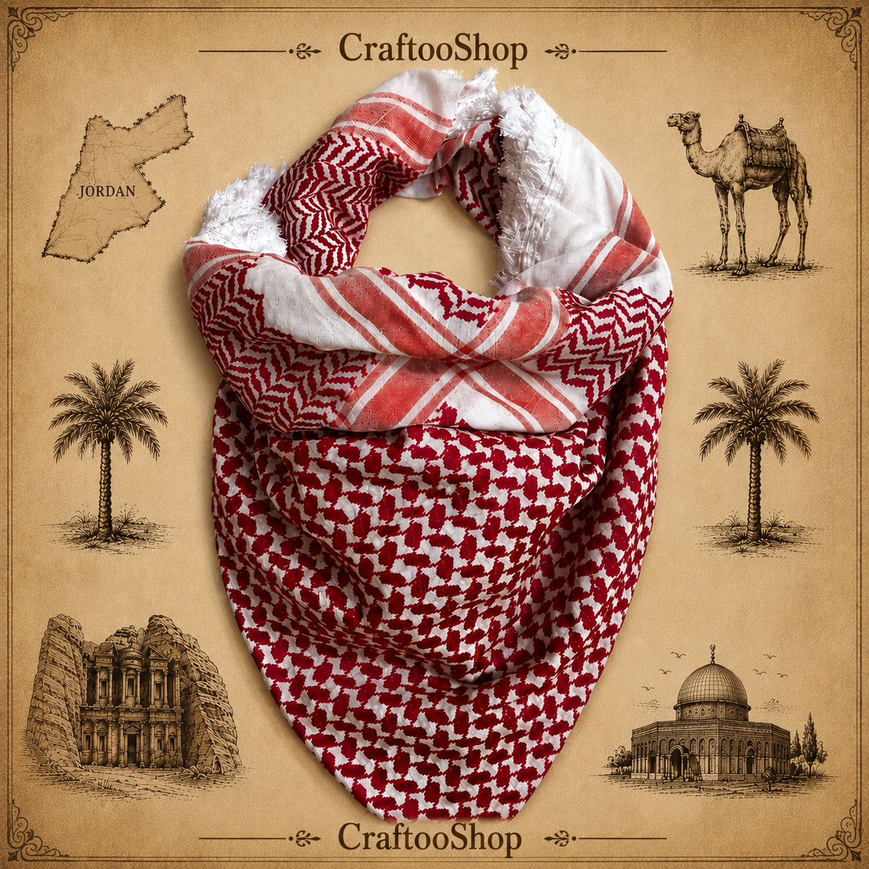 Jordan Scarf Malaki Red Shemagh, Woven Stitched Arab Shawl Handmade Fur Royal Hi-Quality, Unique Kuffyieh Headcover Multi-use Vintage Hatta with Black Agal